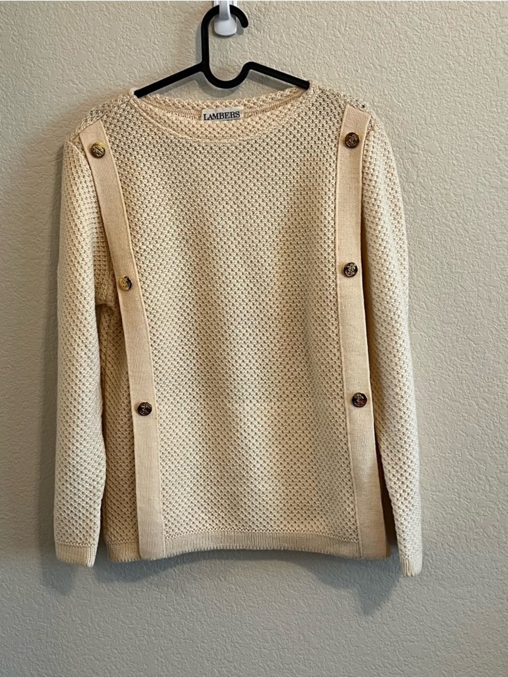 GREAT CONDITION Lambers Cream Button-Trim 100% Wool Crewneck Sweater